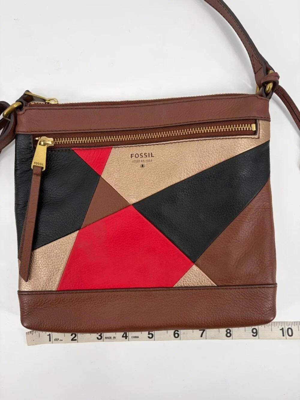 Fossil Fiona Boho Leather Color Block Crossbody Bag Inner Pockets Key Charm
